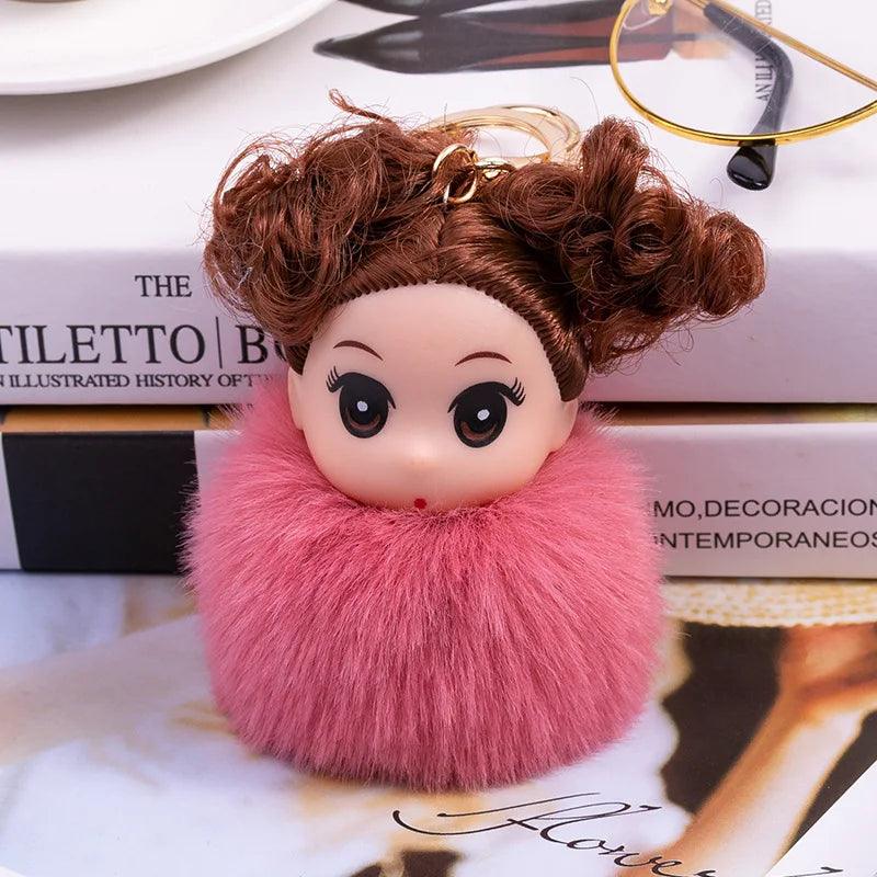 Cute Sleeping doll Fur Key chain Car Keychain Pom-Pom Curly hair doll plush ball doll Bag charm Cute Car Key Ring Jewelry