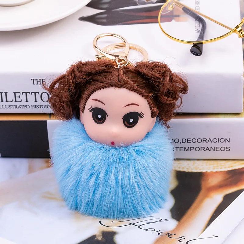 Cute Sleeping doll Fur Key chain Car Keychain Pom-Pom Curly hair doll plush ball doll Bag charm Cute Car Key Ring Jewelry