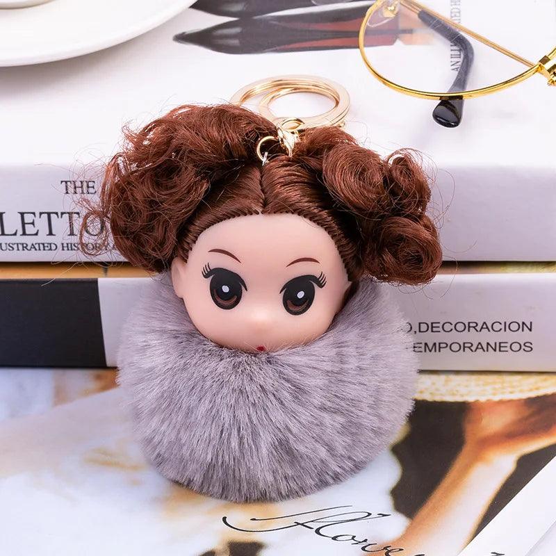 Cute Sleeping doll Fur Key chain Car Keychain Pom-Pom Curly hair doll plush ball doll Bag charm Cute Car Key Ring Jewelry