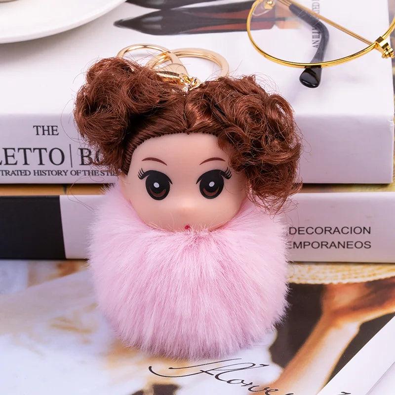 Cute Sleeping doll Fur Key chain Car Keychain Pom-Pom Curly hair doll plush ball doll Bag charm Cute Car Key Ring Jewelry