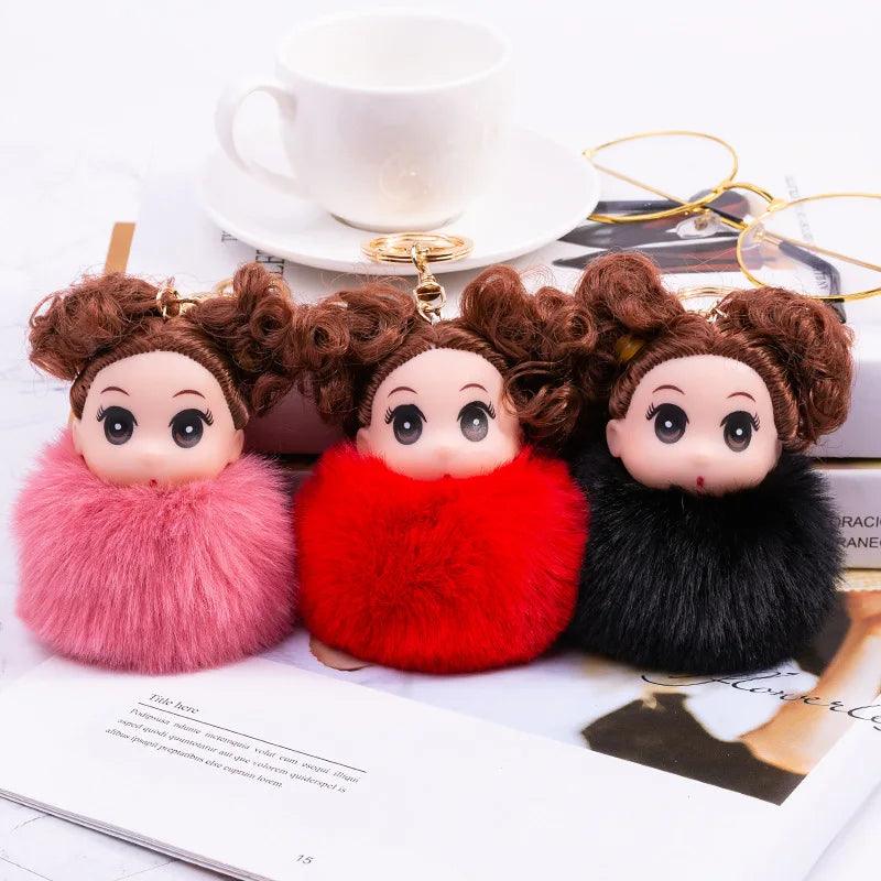 Cute Sleeping doll Fur Key chain Car Keychain Pom-Pom Curly hair doll plush ball doll Bag charm Cute Car Key Ring Jewelry