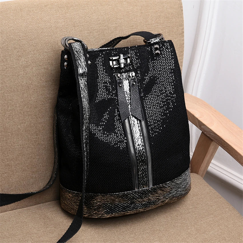 Black Genuine Leather Cool Backpack For Women Fashion Travel Large Capacity Bag GCBMOS47