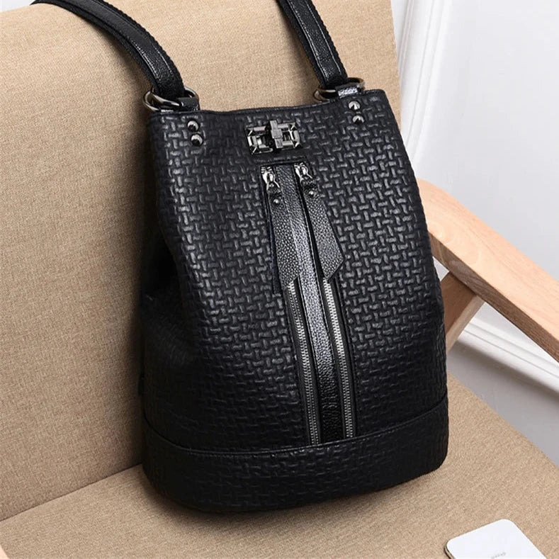 Black Genuine Leather Cool Backpack For Women Fashion Travel Large Capacity Bag GCBMOS47