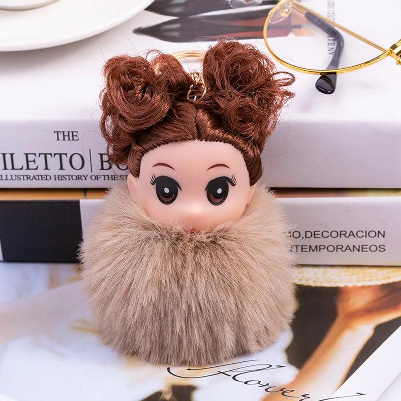 Cute Sleeping doll Fur Key chain Car Keychain Pom-Pom Curly hair doll plush ball doll Bag charm Cute Car Key Ring Jewelry