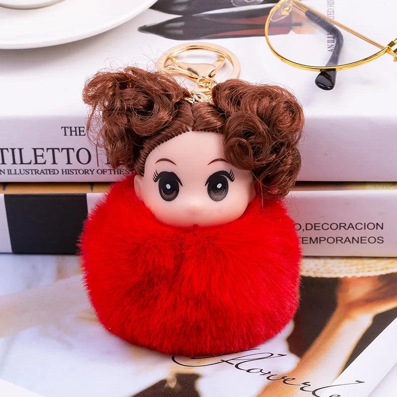 Cute Sleeping doll Fur Key chain Car Keychain Pom-Pom Curly hair doll plush ball doll Bag charm Cute Car Key Ring Jewelry