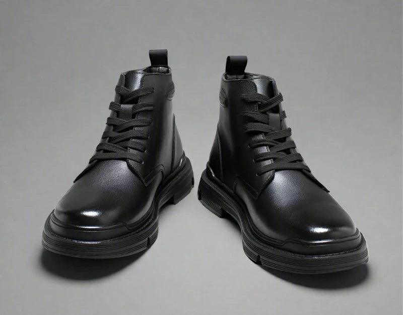 Black Leather Thick Ankle Boots - KA3094 Men&