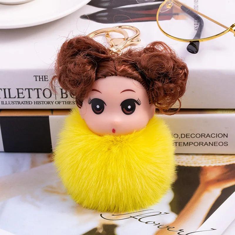 Cute Sleeping doll Fur Key chain Car Keychain Pom-Pom Curly hair doll plush ball doll Bag charm Cute Car Key Ring Jewelry