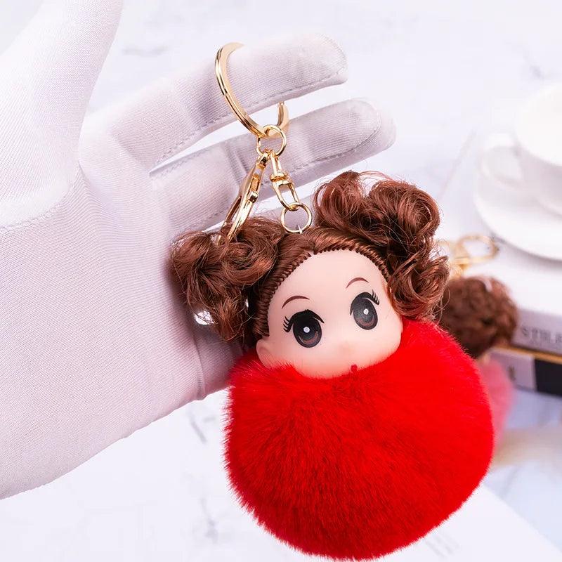 Cute Sleeping doll Fur Key chain Car Keychain Pom-Pom Curly hair doll plush ball doll Bag charm Cute Car Key Ring Jewelry