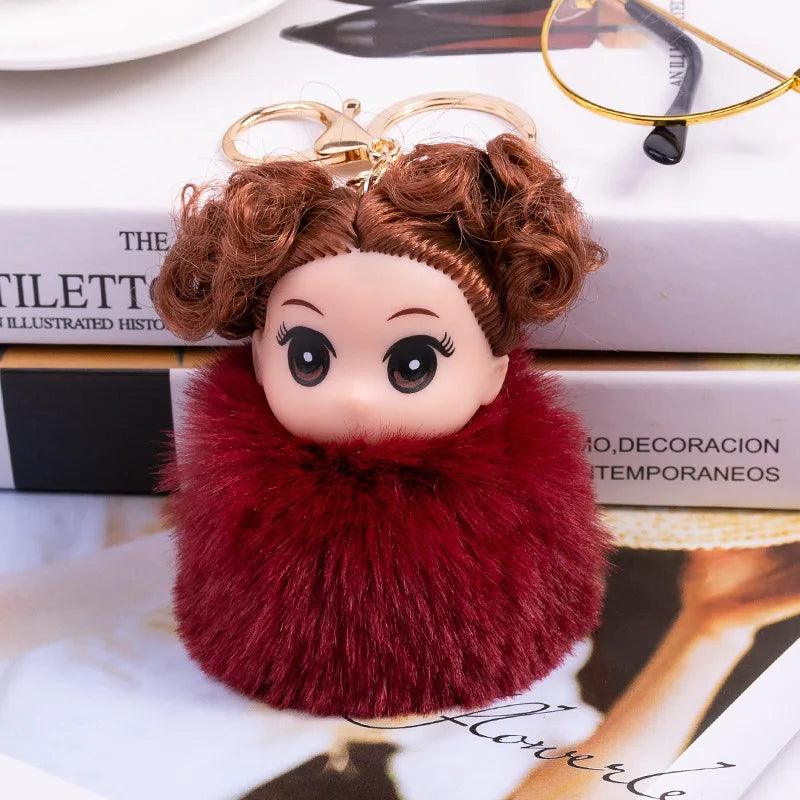 Cute Sleeping doll Fur Key chain Car Keychain Pom-Pom Curly hair doll plush ball doll Bag charm Cute Car Key Ring Jewelry