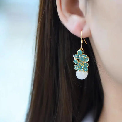 Drop Earrings Charm Jewelry - Hetian White Jade Flower - C110