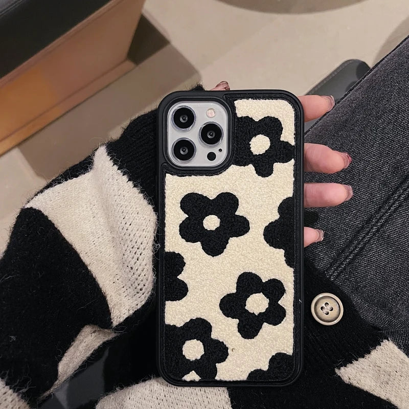 Winter Plush Cute Phone Cases for iPhone 16 15 14 13 Pro 12 11 7 8 X XR XS Max Black Flowers