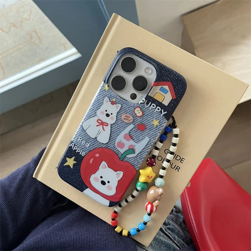 Cute Phone Cases For iPhone 16, 15, 14, 13, 12 Pro Max - Red Apple Hat Puppy Art - Cartoon Soft Cover - PC9211 - Touchy Style