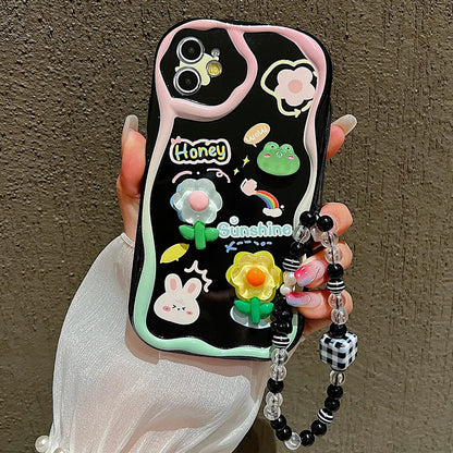 TSP181-B Cute Phone Cases For iPhone 15, 14, 13 Pro Max - With Cartoon Bracelet Chain, Transparent Cover