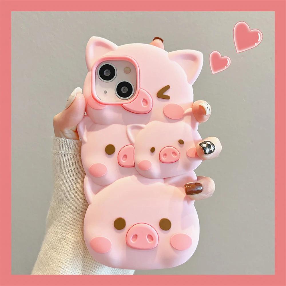 Cute Phone Cases for iPhone 14, 13, 12, and 11 Pro Max models - 3D Funny Pigs - Soft Silicone Cover - TSP251