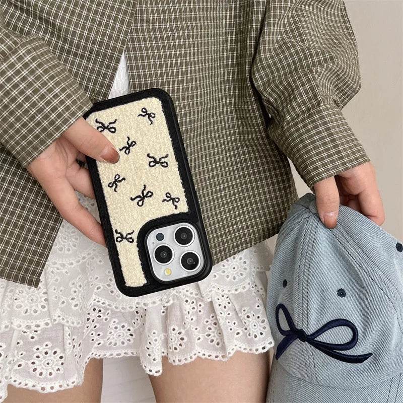 Cute Phone Cases For iPhone 16, 15, 14, 13 Pro Max - Plush Bow Tie Art - Sweet Soft Cover - CC5340 - Touchy Style