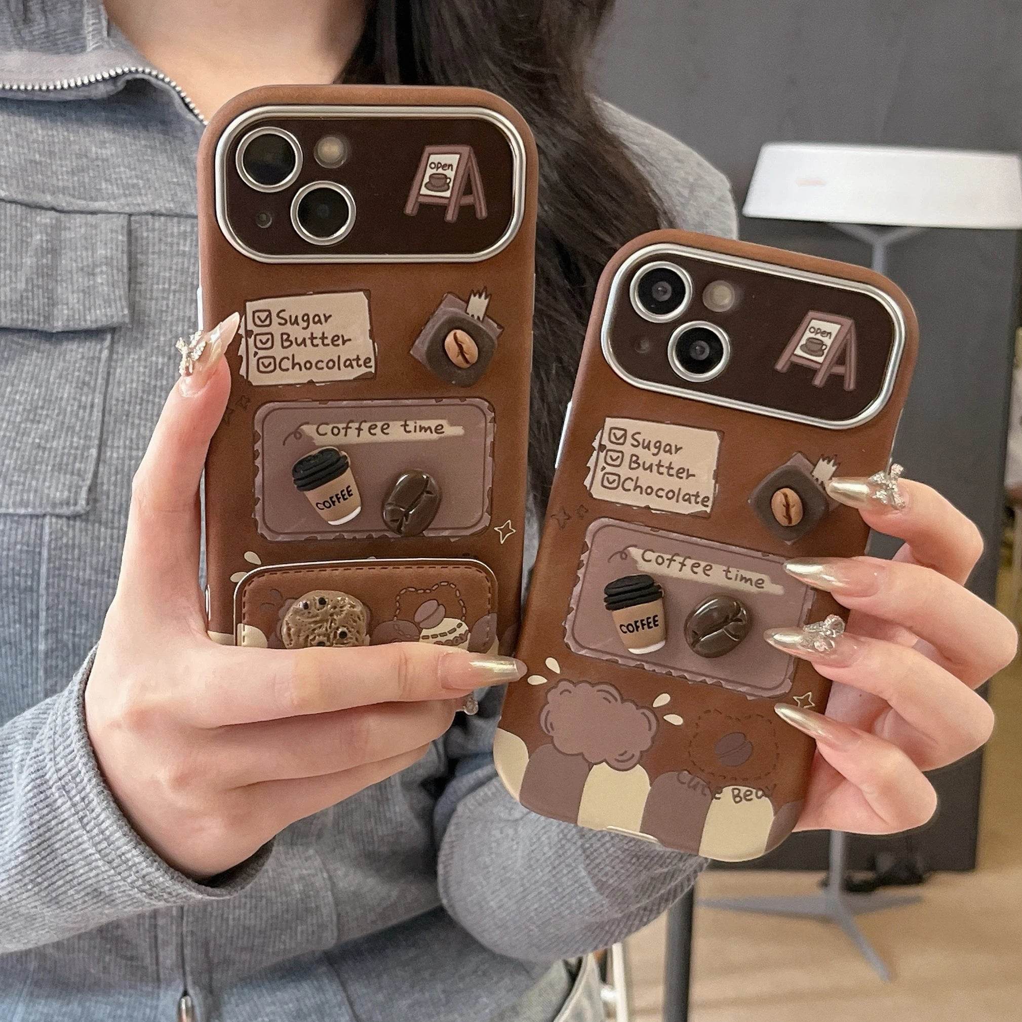 Cute Phone Cases For iPhone 16, 15, 14, 13 Pro Max - Creative 3D Coffee Stickers - Cover with Kickstand - PC3311 - Touchy Style