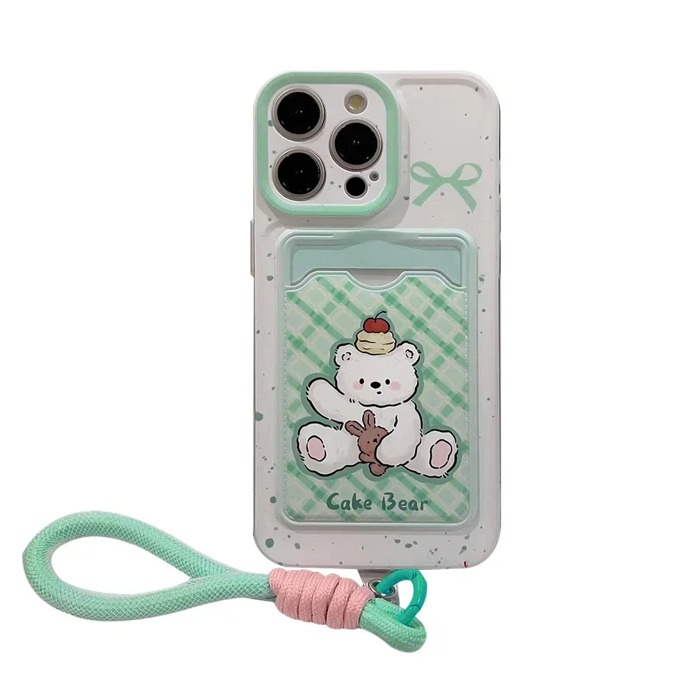 Cute Phone Cases For iPhone 16, 15, 14, 13 Pro Max, Xr, 15, 14, 16 Plus - Cherry Cake Bear Doll - Green plaid Photo Card Holder - IC5320