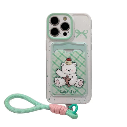 Cute Phone Cases For iPhone 16, 15, 14, 13 Pro Max, Xr, 15, 14, 16 Plus - Cherry Cake Bear Doll - Green plaid Photo Card Holder - IC5320