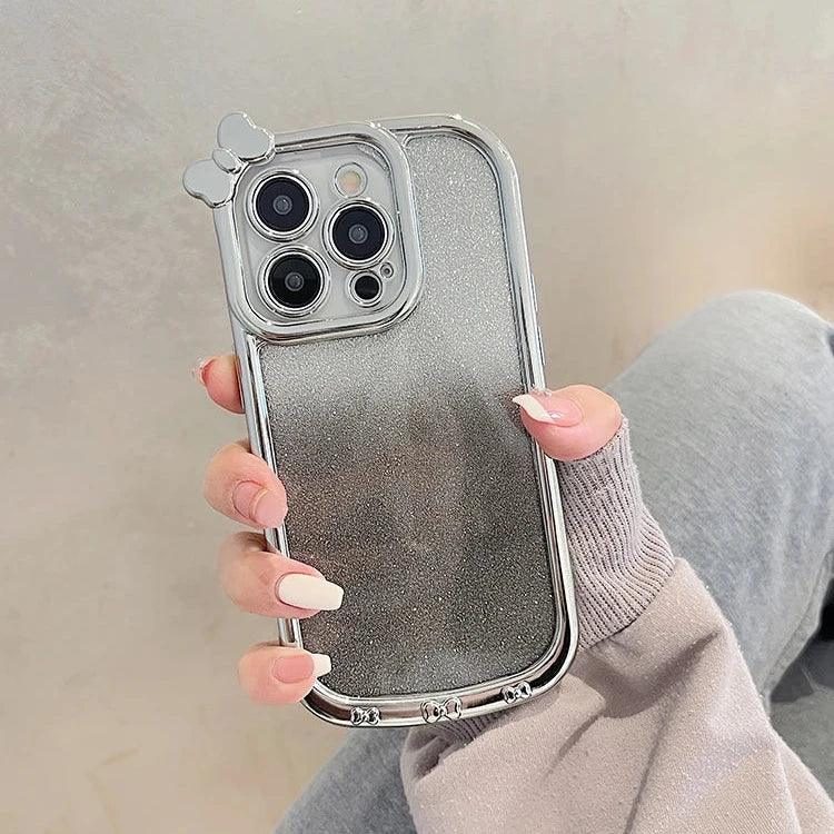 Cute Phone Cases For iPhone 11, 12, 13, 14, or 15 Pro Max - Plating Silver Bowknot - Transparent Cover - TSP257