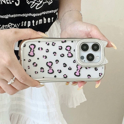 Cute Phone Cases: Leopard Bowknot Cat Ear Silver Case for iPhone 15/14/13/12 Pro Max - TSP313