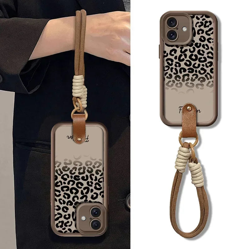 Cute Phone Cases For iPhone 7, 8 Plus, XR, XS Max, 11, 12, 13, 14, 15, and 16, including Pro and Pro Max models with Wrist Chain - Half Leopard Pattern - TSP491