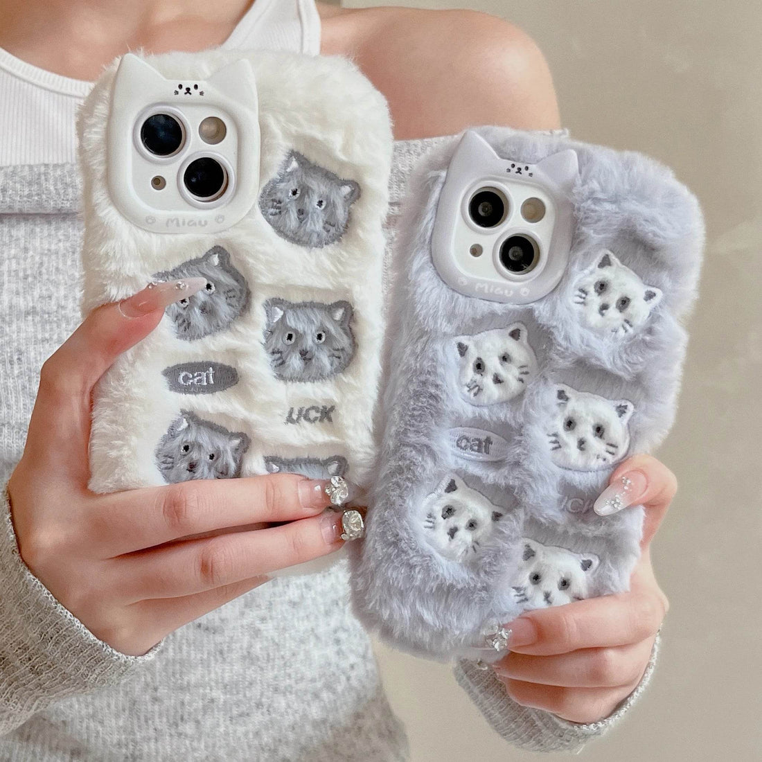 Cute Phone Cases For iPhone 16, 15, 14, 13 Pro Max - Grey &amp; White Fluffy Cat Pattern - Cat Ear Lens Frame - PC6430 - Touchy Style