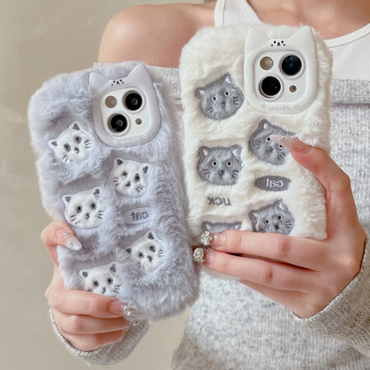 Cute Phone Cases For iPhone 16, 15, 14, 13 Pro Max - Grey &amp; White Fluffy Cat Pattern - Cat Ear Lens Frame - PC6430