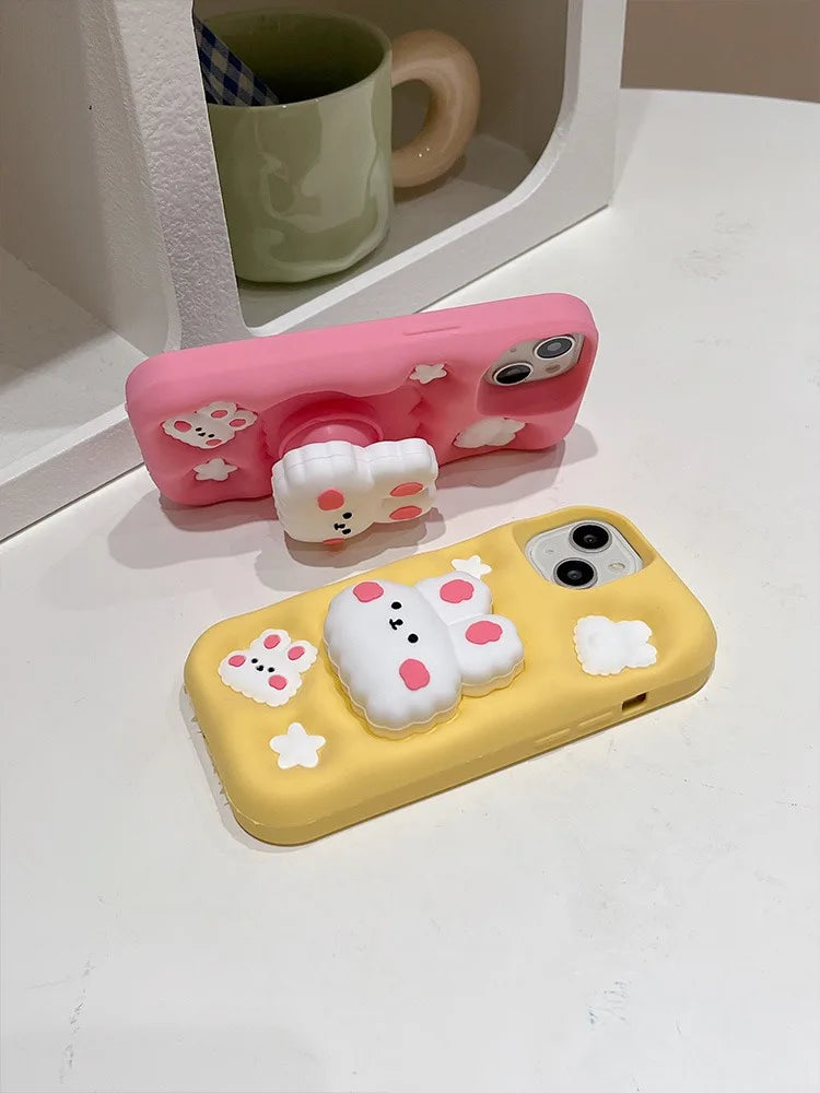 Cute Phone Cases - 3D Rabbit Folding Silicone Stand Cover for iPhone 15/14/13/12/11 Pro Max - TSP286