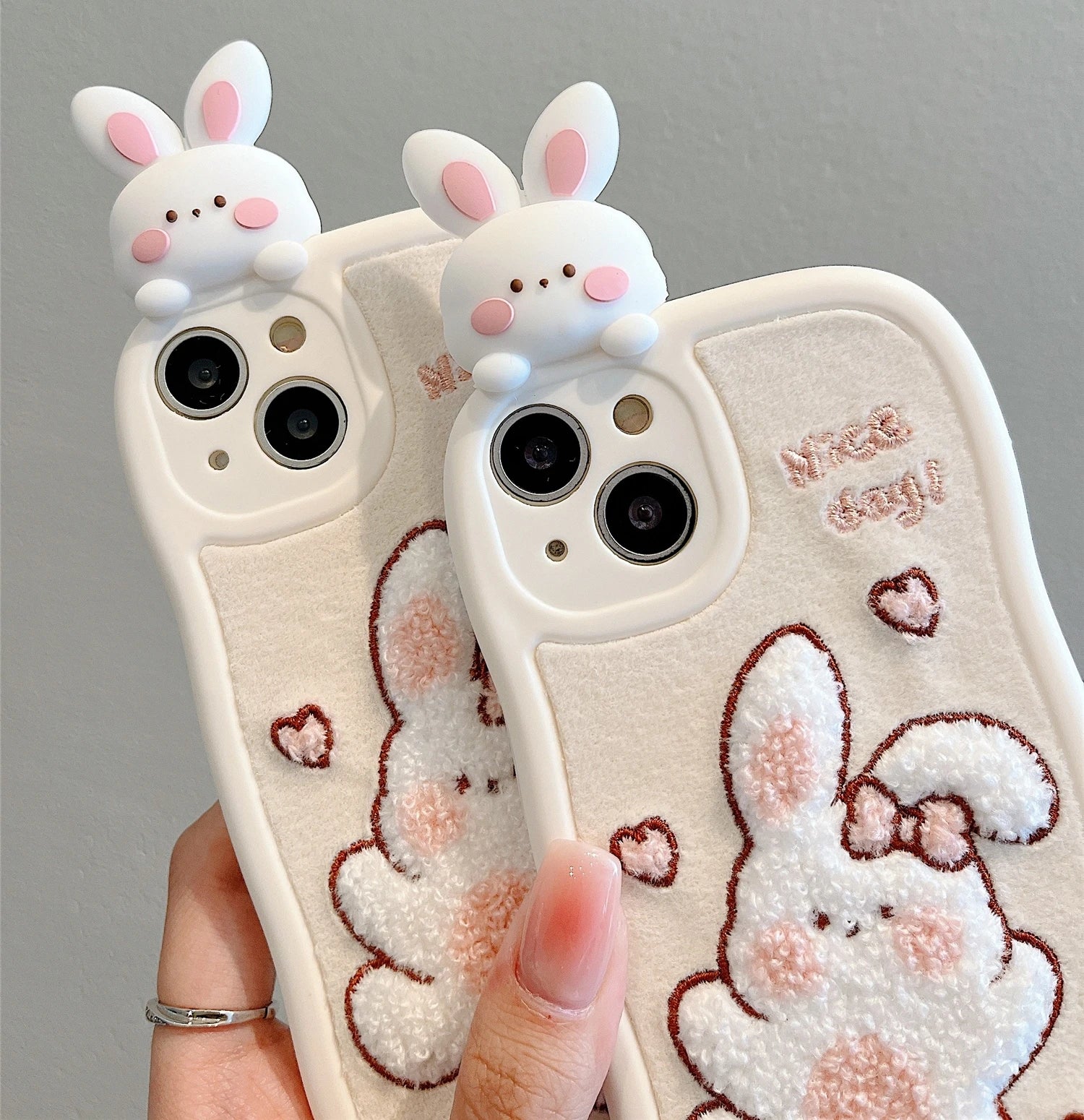 Cute Phone Cases - 3D Plush Rabbit Doll with Pearl Crossbody Strap for iPhone 11-15 Pro Max - TSP293