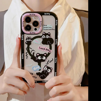 Cute Phone Cases For iPhone 16, 15, 14, 13, 12, 11 Pro Max, Xr, 16 Plus - Funny Black Cat Cartoon Cover with Wristchain - IC9420