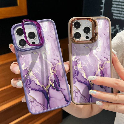 Cute Phone Cases For iPhone 16, 15 Pro Max, 14, 15 Plus, 13, 12 Pro Max, 11 - Lens Frame Holder - Purple Marble Printed Cover - PC6120 - Touchy Style