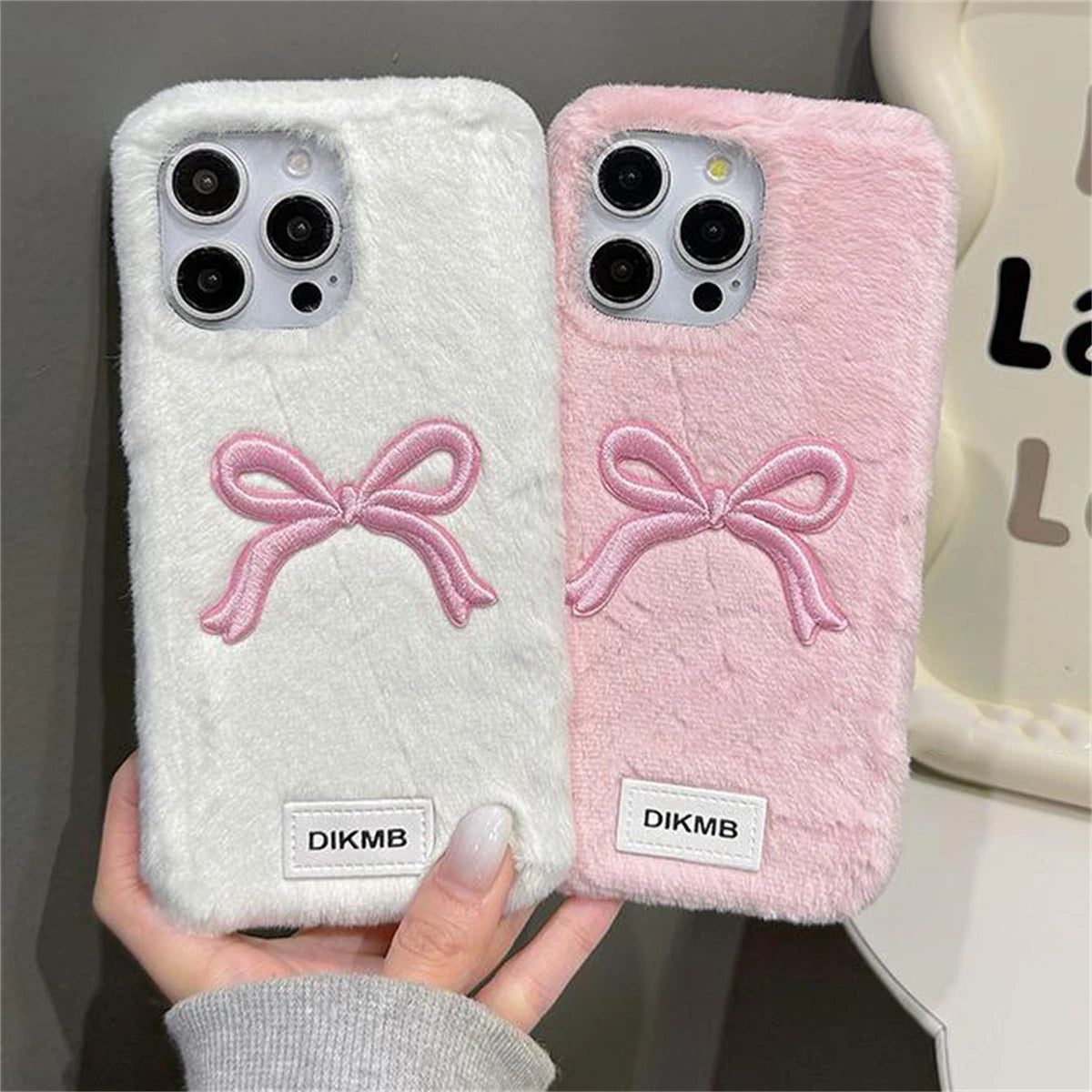 Cute Phone Cases for iPhone 16, 15, 14, and 13 Pro Max - 3D Embroidery Bow Plush Back Cover - TSP446