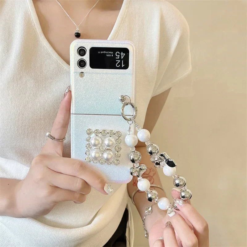 Cute phone Cases For Galaxy Z Flip 5 3 4 - Luxury Pearl Rhinestone Glitter Laser Cover with Wristchain - C5220