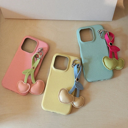 Cute Phone Cases for iPhone 15, 14, 13, 12, and 11 Pro Max - Candy Color, 3D Bow Cherry Pendant - TSP468