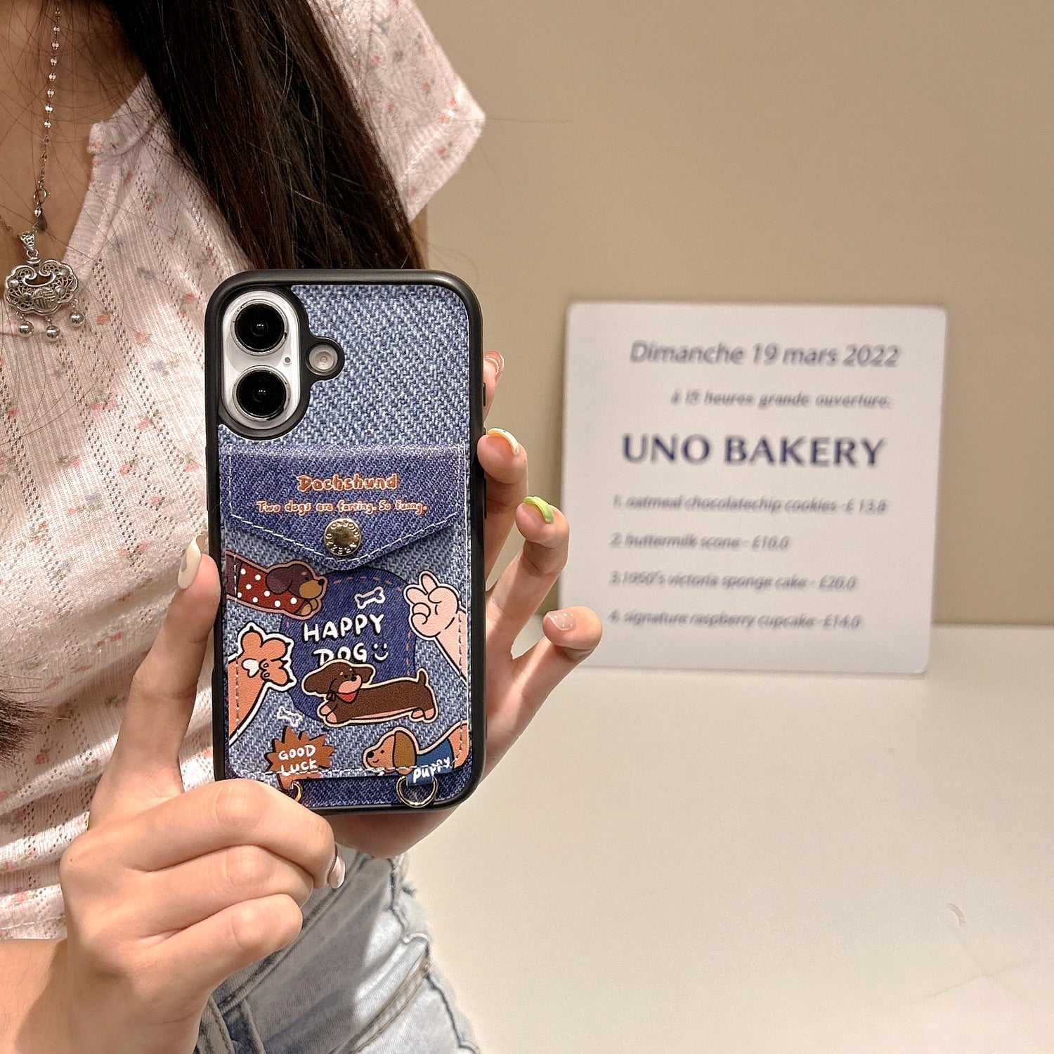 Cute Phone Cases For iPhone 16, 15, 14, 13 Pro Max - Denim Cloth Embroidery Cartoon Dog - PC5320