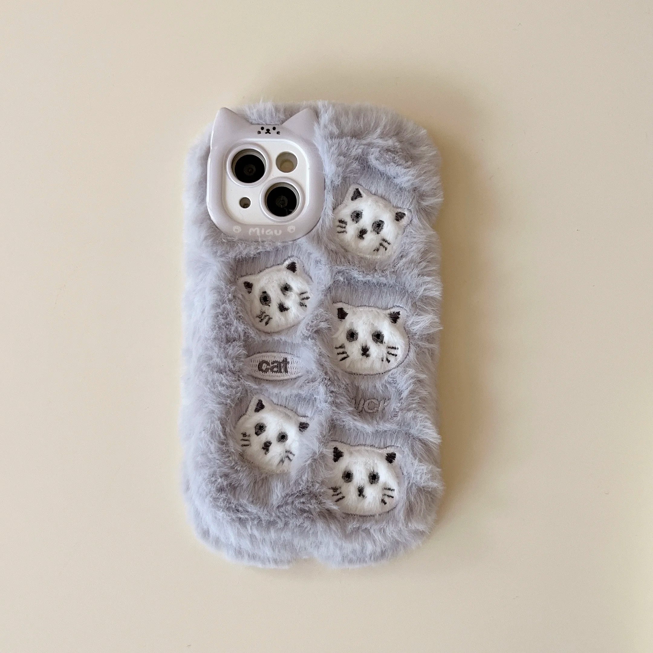 Cute Phone Cases For iPhone 16, 15, 14, 13 Pro Max - Grey &amp; White Fluffy Cat Pattern - Cat Ear Lens Frame - PC6430