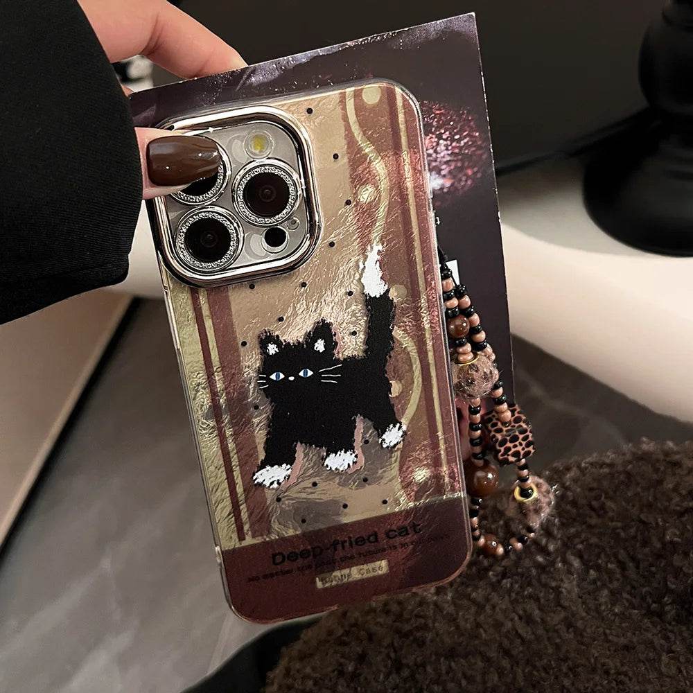 Cute Phone Cases For iPhone 16, 15, 14, 13, 12, 11 Pro Max - Anger Black Cat Plating Tin Foil Pattern - Cartoon Cover - CC6420 - Touchy Style