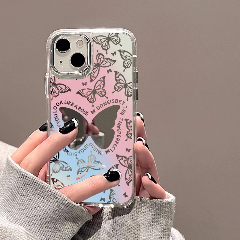 Cute Phone Cases: Lovely Butterfly Silver Mirror Back Cover with Cat Ears for iPhone 11-15 Pro Max - TSP288