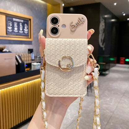 Cute Phone Cases for iPhone 16, 11, 12, 13, 14, 15 Pro Max - Woven Pattern - Wallet Card Holder with Lanyard Cover - NU415