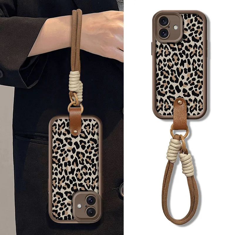 Cute Phone Cases For iPhone 7, 8, 8 Plus, X, XR, XS, XS Max, 11, 12, 13, 14, 15, and 16, Pro and Pro Max - Leopard Pattern with Wrist Strap - TSP474