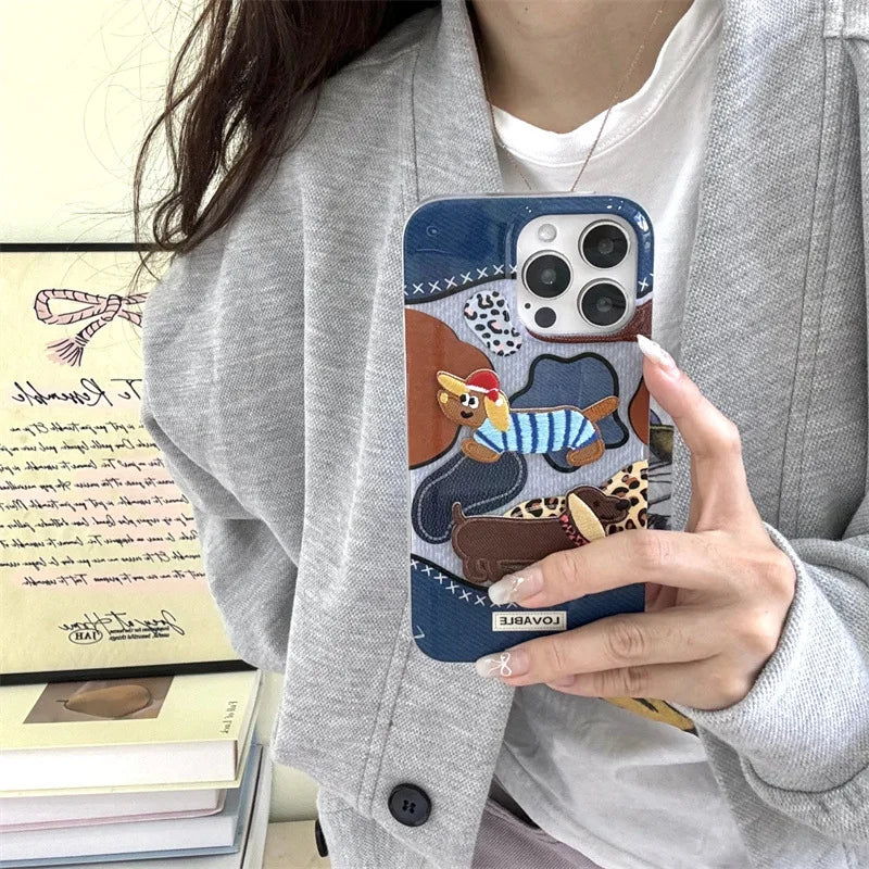 Cute Phone Cases: Embroidery Dachshund Puppy Denim Leopard Art for iPhone 15, 14, 13, 12 Pro Max - TSP376