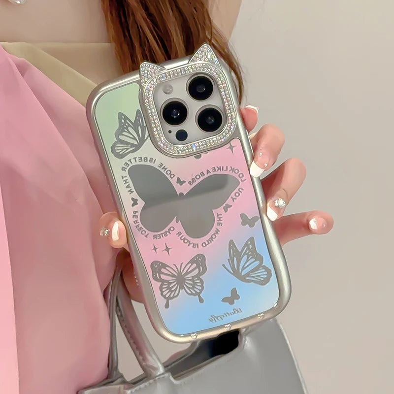 Cute Phone Cases: Lovely Butterfly Silver Mirror Back Cover with Cat Ears for iPhone 11-15 Pro Max - TSP288