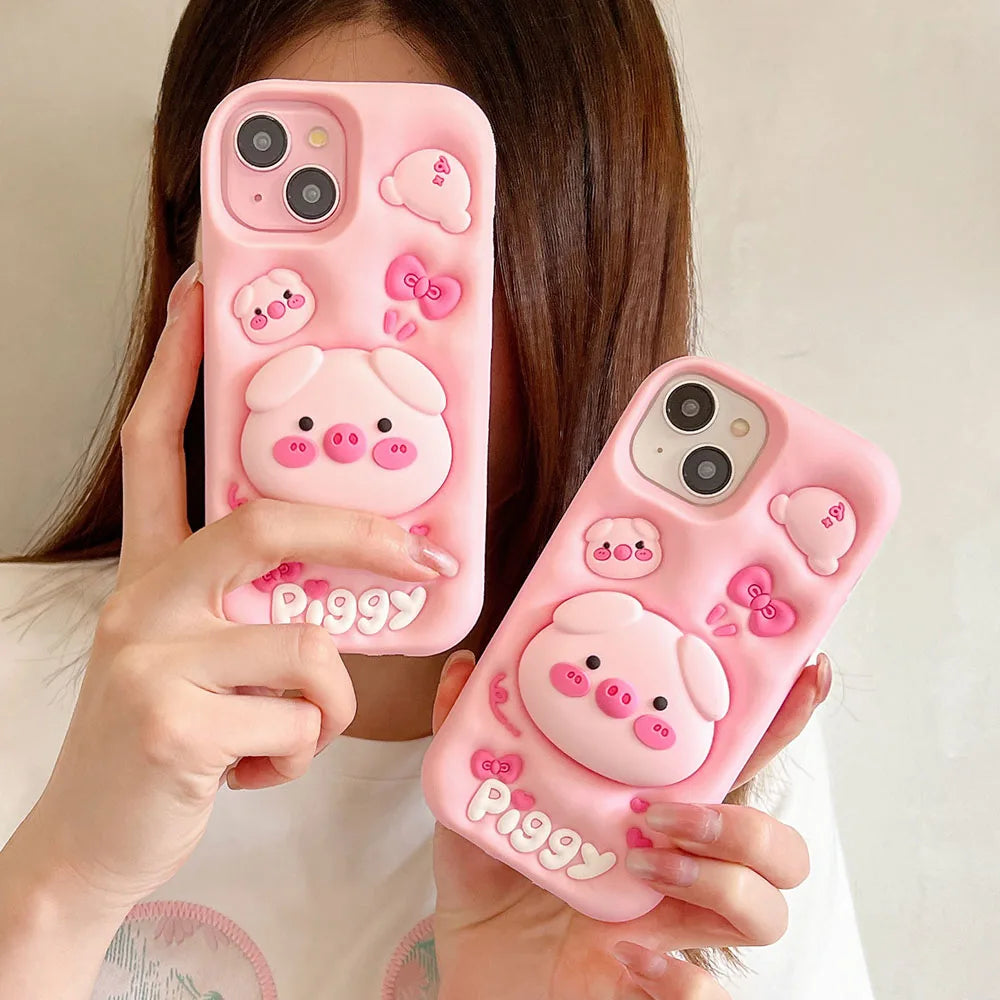 Cute Phone Cases for iPhone 15 Pro Max, 14, 13, 12, and 11 - Funny Pig Piggy, Telescopic Bracket - TSP284