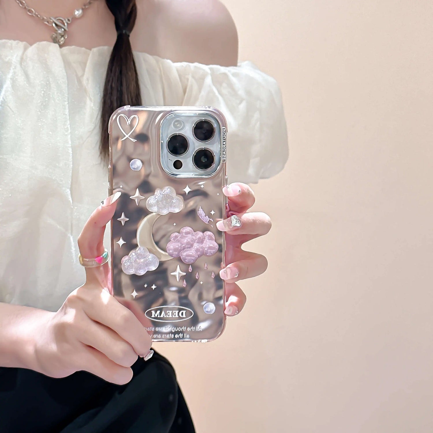 TSP63 Cute Phone Case For iPhone 15 Pro Max, 14, 13, or 11 - Plating 3D Dreamy Pearl, Stars, Clouds, and Moon Design