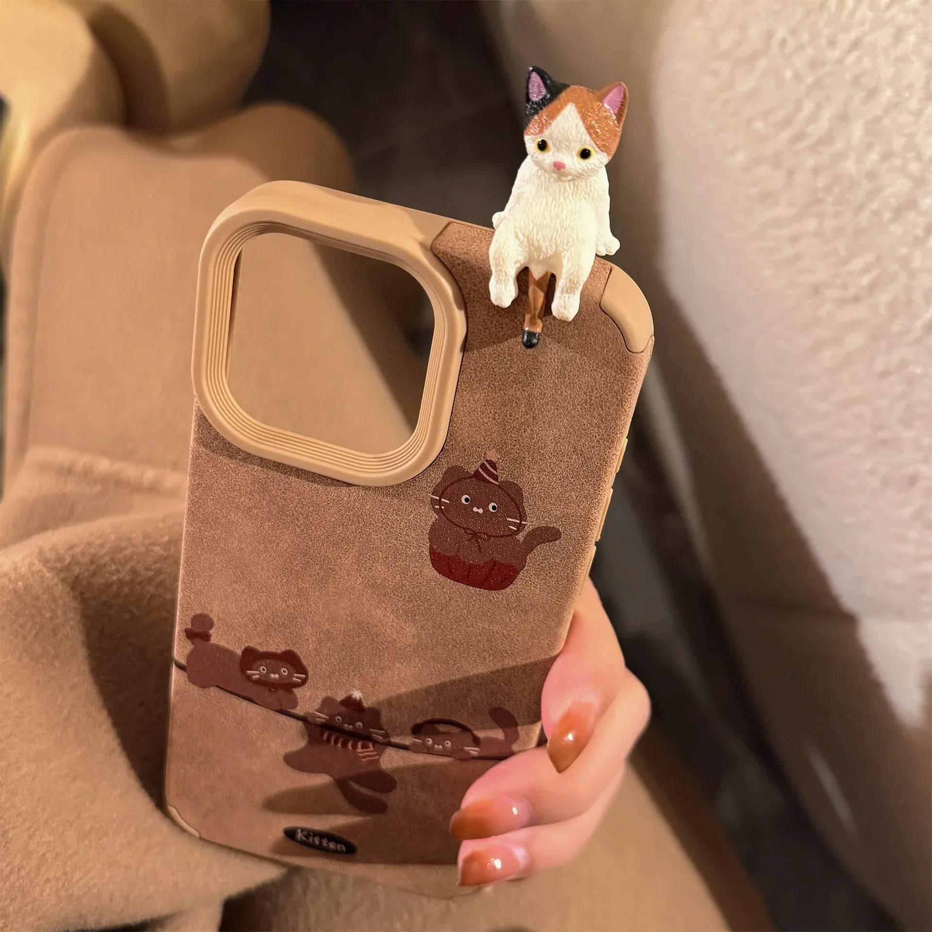 Cute Phone Cases For iPhone 16, 15, 14, 13, 12, 11 Pro Max - Kitten Cat Doll - Suede leather Cartoon Soft Cover - CC5140 - Touchy Style