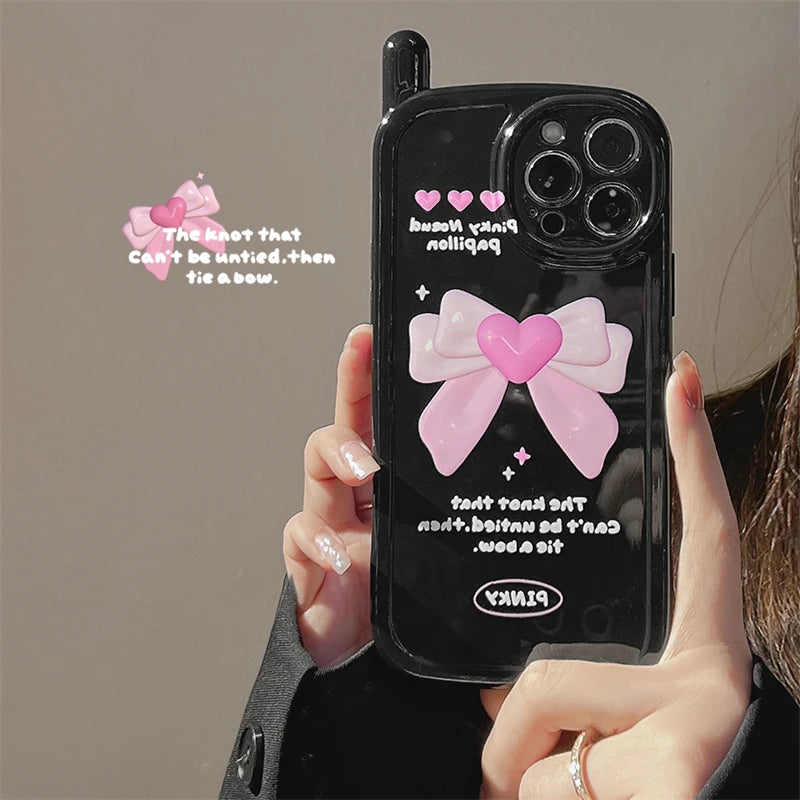 Cute Phone Cases for iPhone 14, 13, 12, 11 Pro Max, or 14 Plus - Black Cover with Pink Bow - TSP448