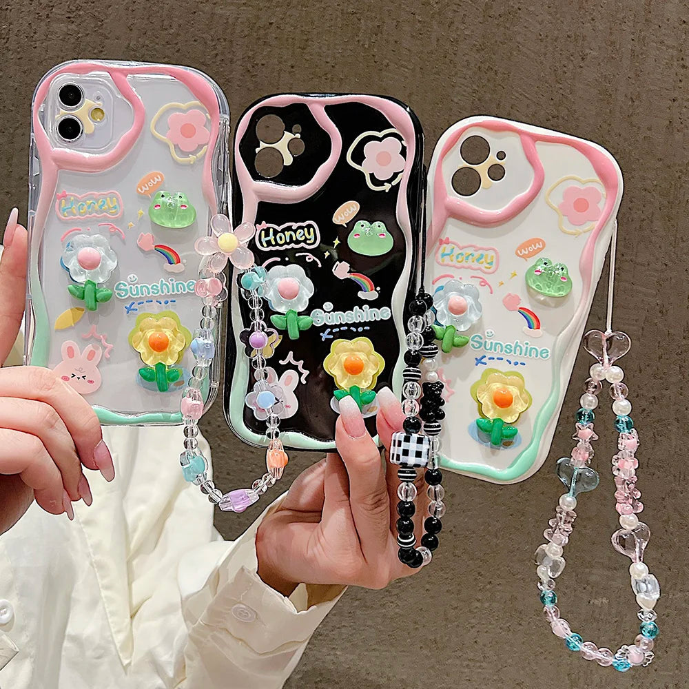 TSP181-B Cute Phone Cases For iPhone 15, 14, 13 Pro Max - With Cartoon Bracelet Chain, Transparent Cover