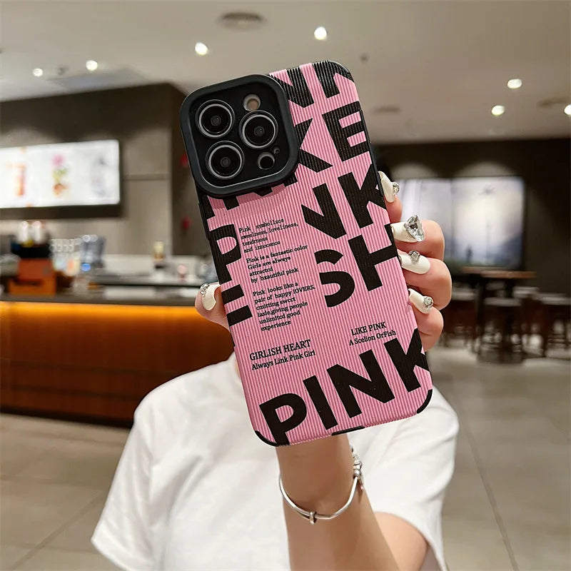 Stylish Pink Letter Pattern Cute Phone Case For iPhone 15, 14, 13, 12 Pro, 11, XS Max, 7, 8 Plus, X, XR, SE