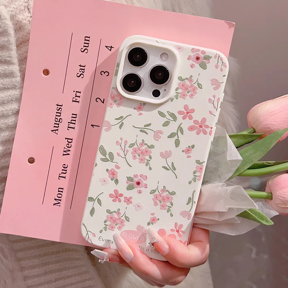 Cute Phone Cases For iPhone 16, 15, 14, 13, 12, 11 Pro Max, 16 Plus - Fairy Pink Flowers Oil Paint - Soft Cover - IC8540