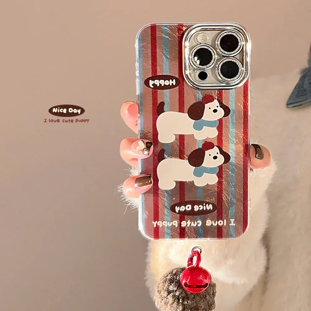 Cute Phone Cases For iPhone 16, 15, 14, 13, 12, 11 Pro Max, 16 Plus - Cartoon Puppy - Stripes Art - Bell Plush Ball Pendant - CC1240